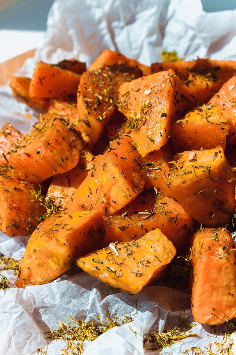 Seasoned sweet potato chunks ready for the pot